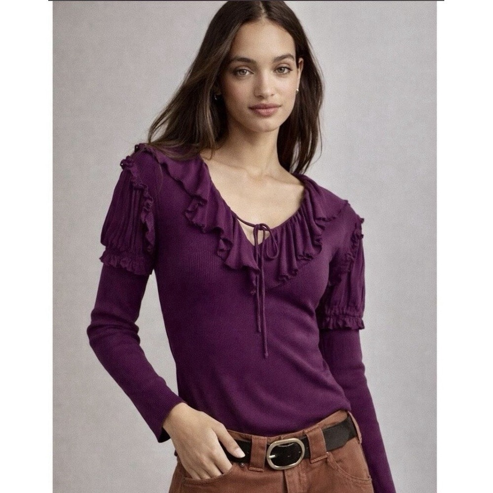 Anthropologie Long Sleeve Ruffle Top Dark Purple Size Small V-Neck Blouse